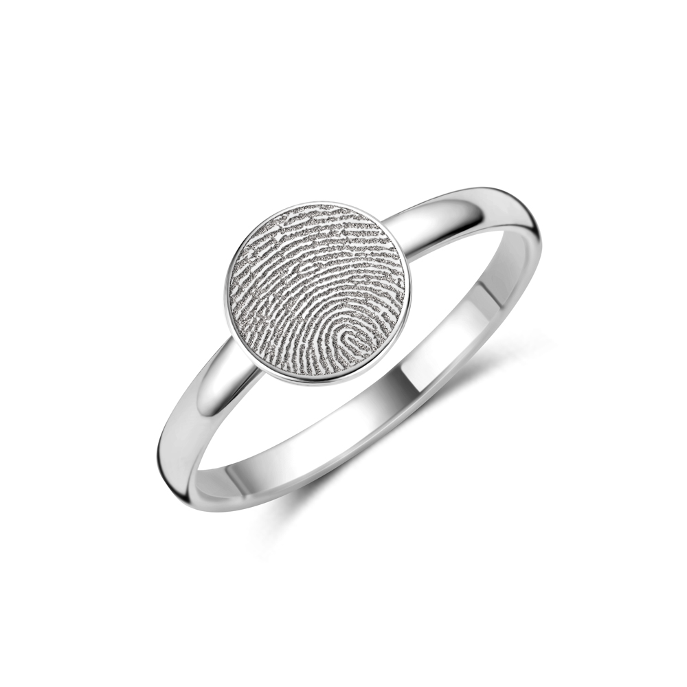 Silver round signet ring with fingerprint