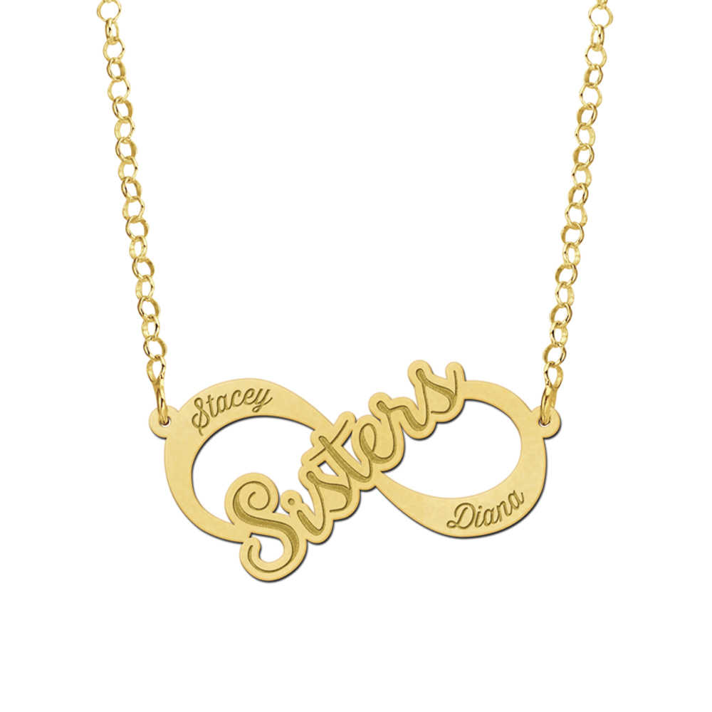 Gold infinity necklace with Sisters design and names