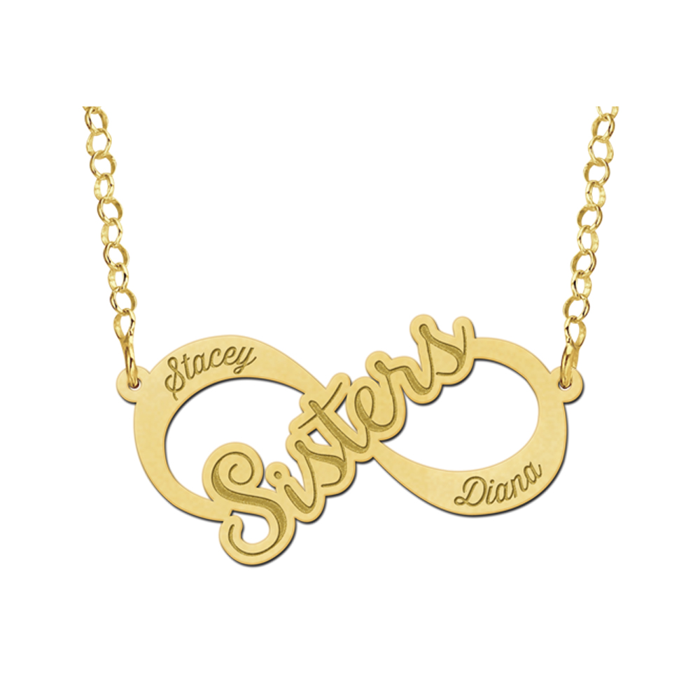 Gold infinity necklace with Sisters design and names