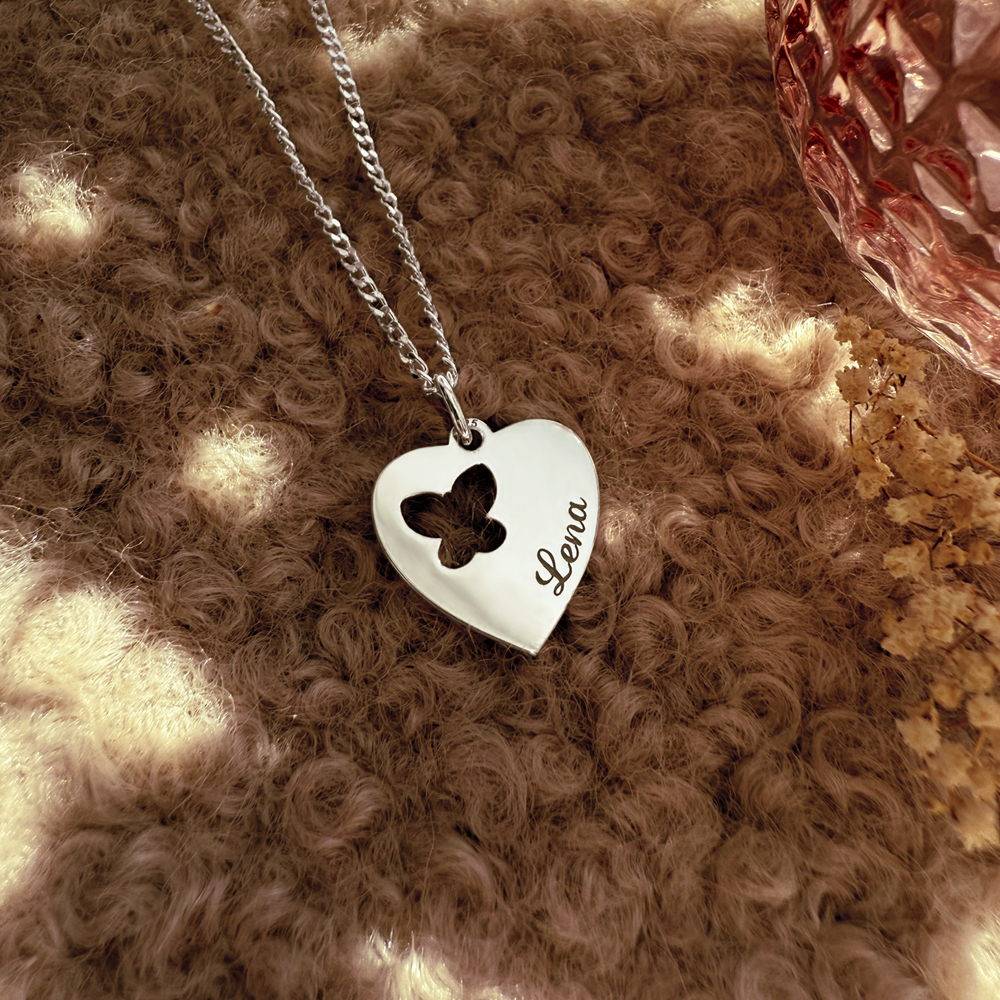 Engraved Silver Heart Necklace, Butterfly with Name
