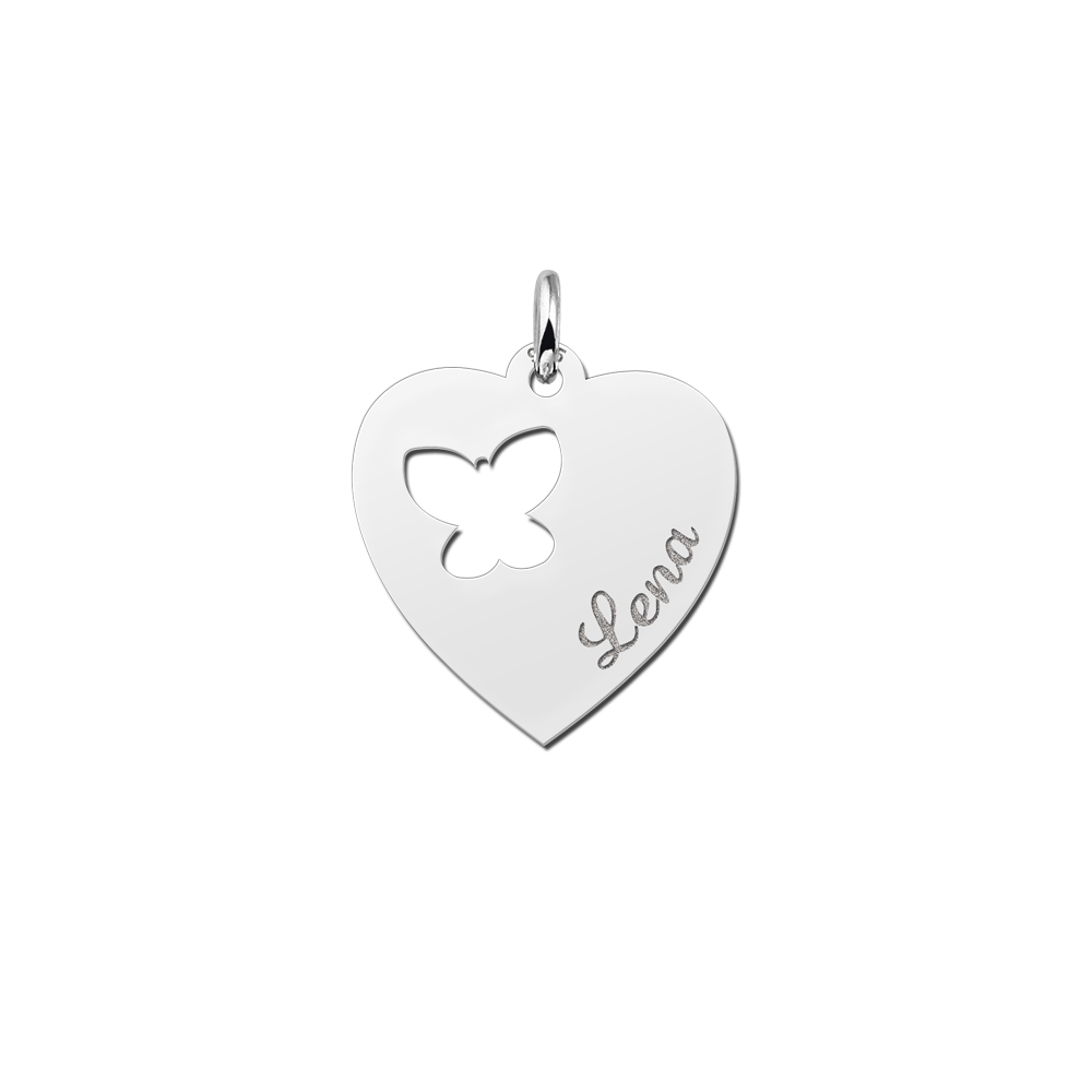 Engraved Silver Heart Necklace, Butterfly with Name