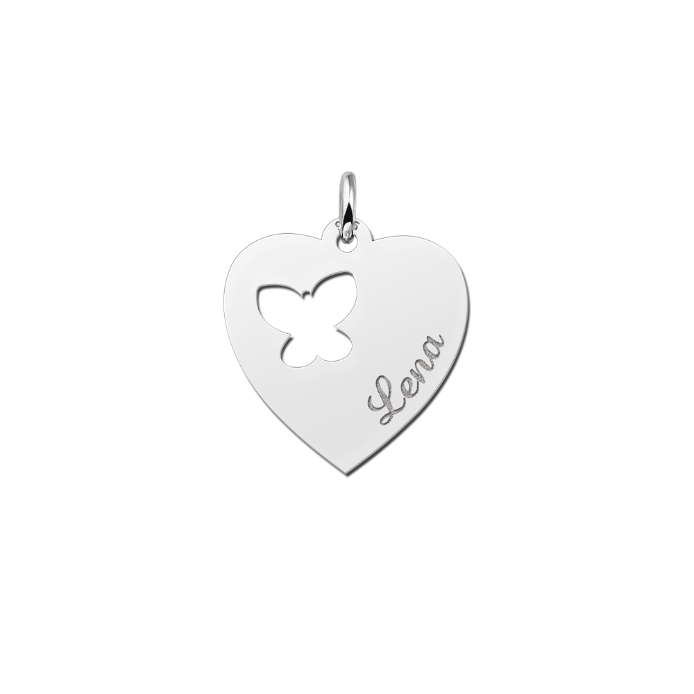Silver heart pendant with butterfly and name