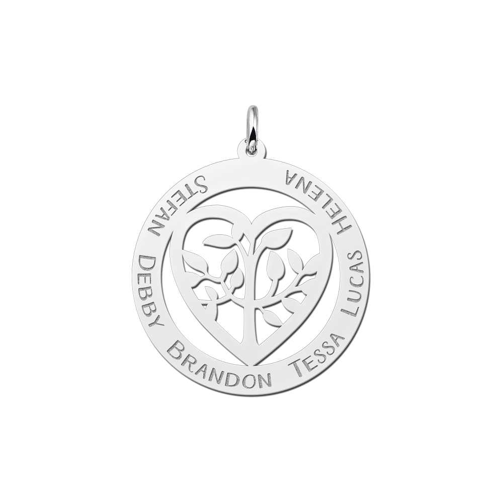 Silver family pendant heart shaped with tree of life