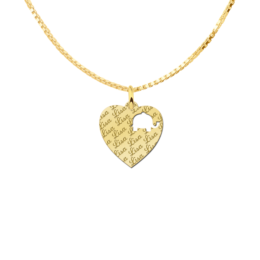 Repeatedly Engraved Gold Heart Necklace with an Elephant
