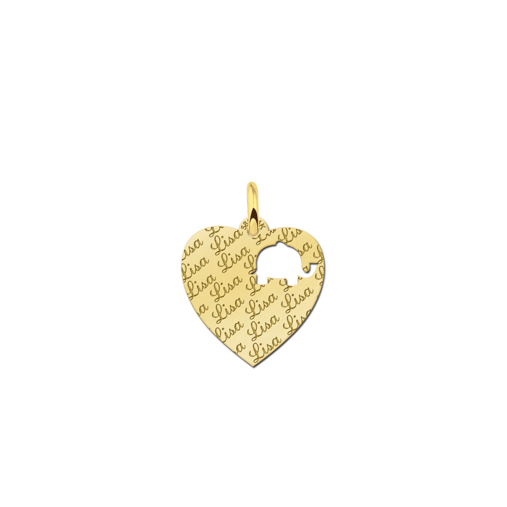 Repeatedly Engraved Gold Heart Necklace with an Elephant