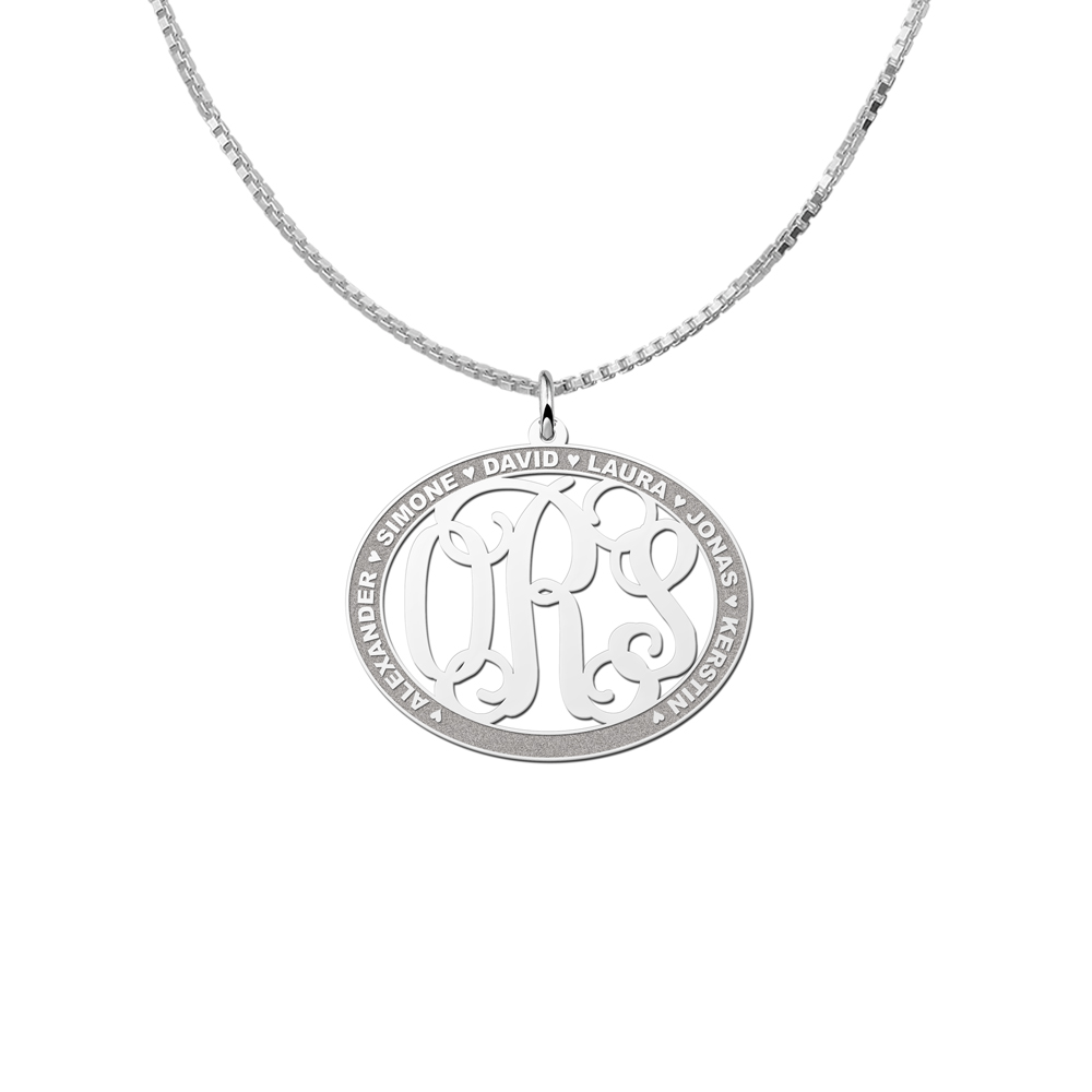 Silver Monogram Pendant with Names, Oval Large