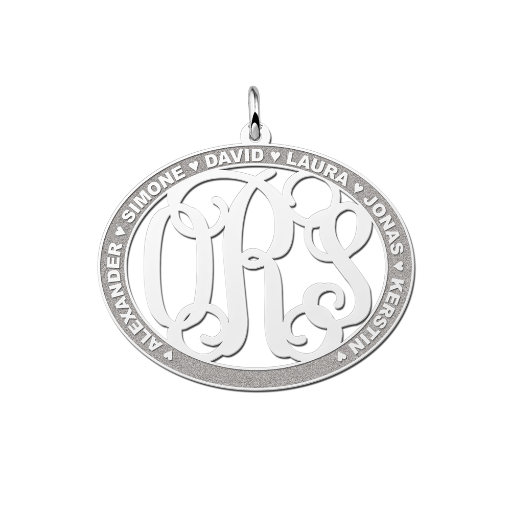 Silver Monogram Pendant with Names, Oval Large