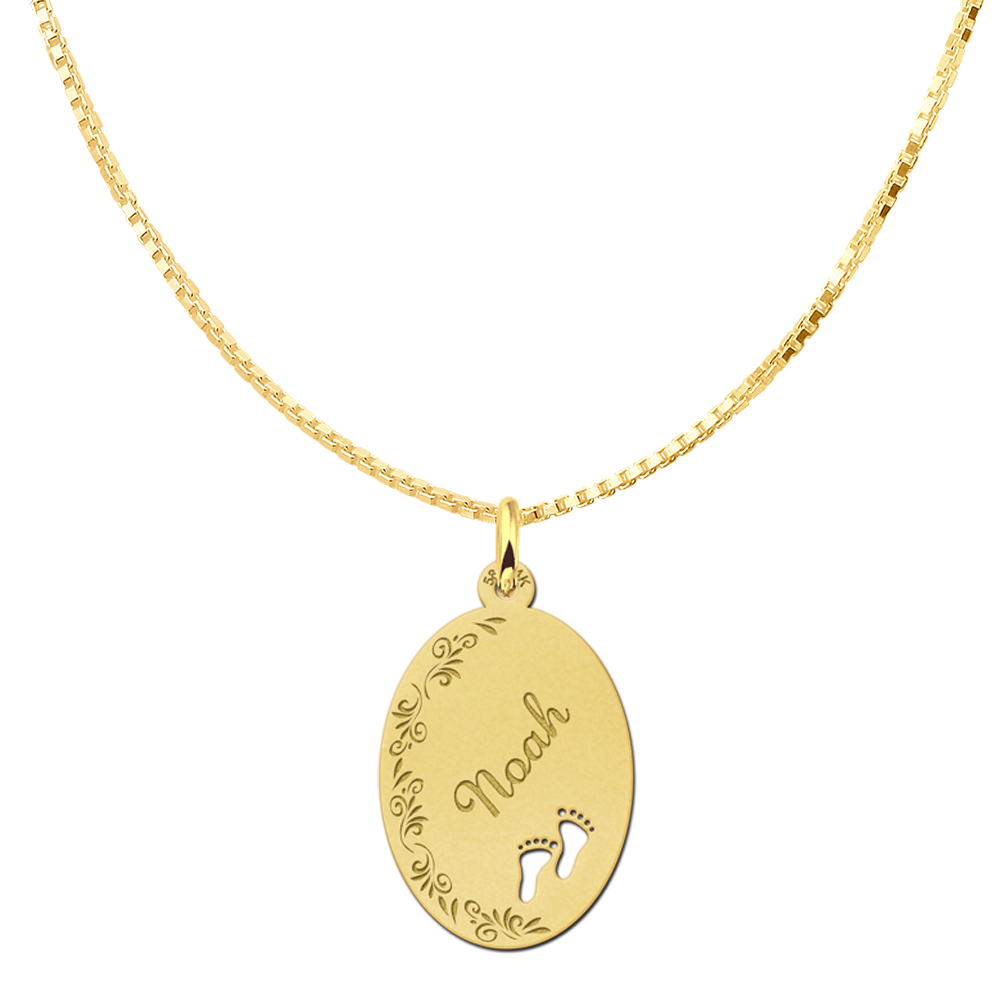 Gold Oval Necklace with Name, Border and Babyfeet Large