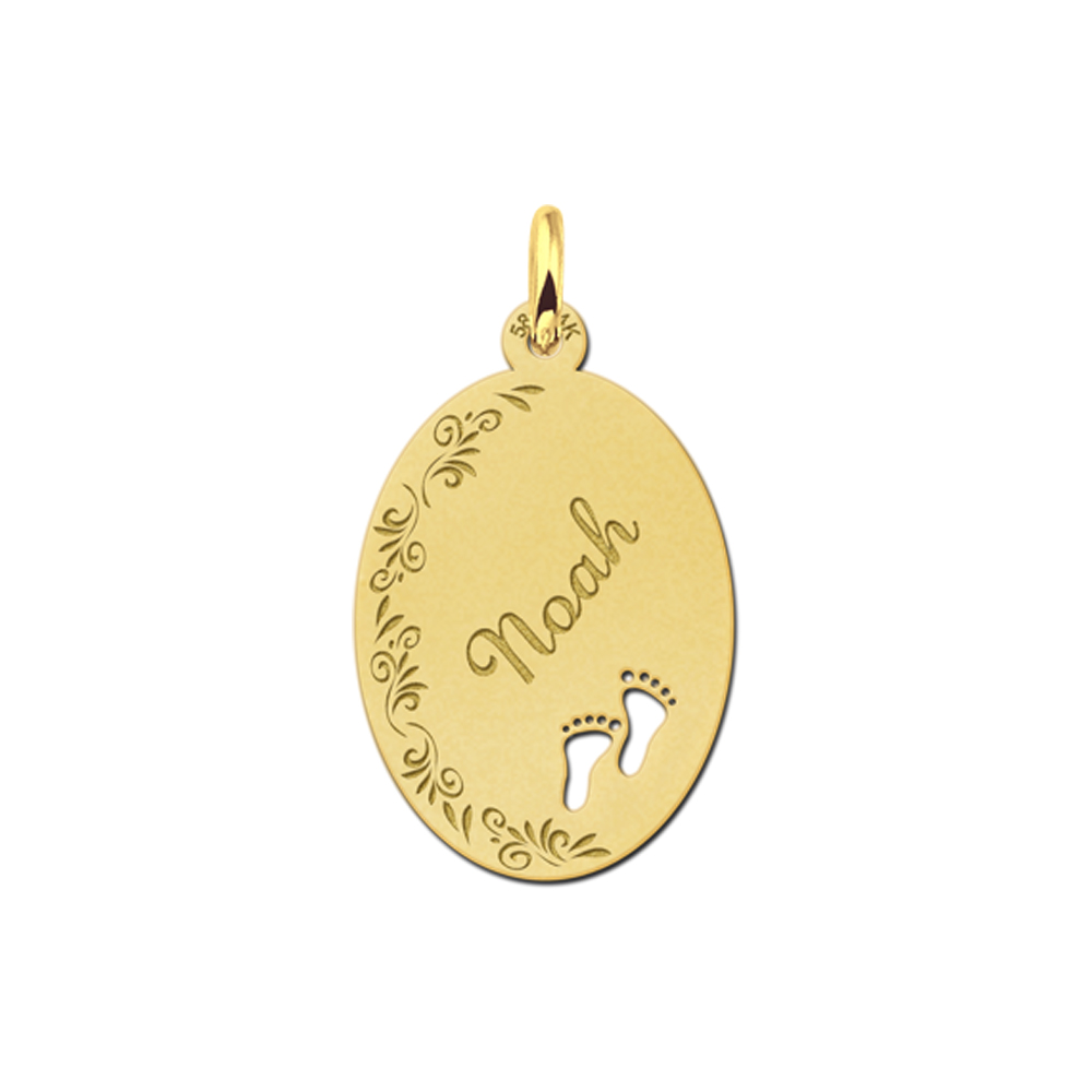 Gold Oval Necklace with Name, Border and Babyfeet Large