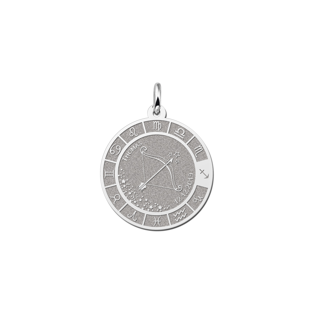 Silver Round Zodiac Pendant Sagittarius with Name Engraving
