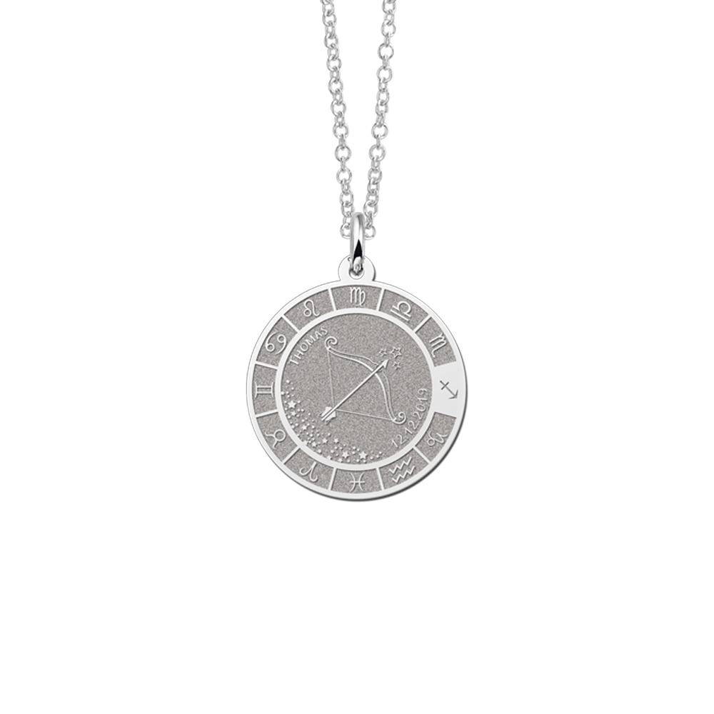 Silver Round Zodiac Pendant Sagittarius with Name Engraving