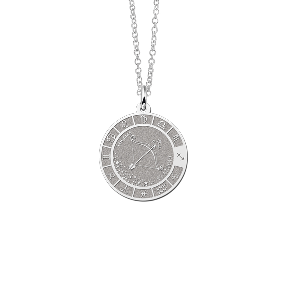 Silver round pendant zodiac sagittarius