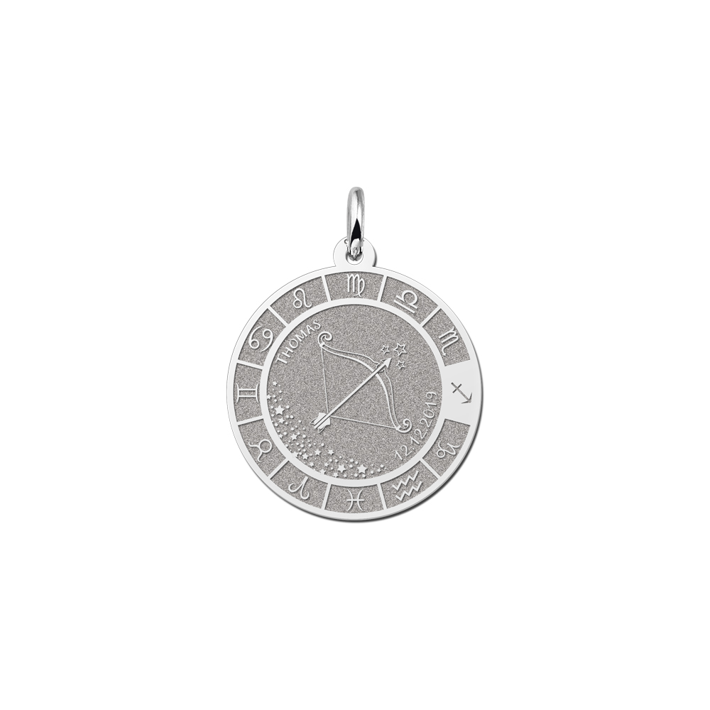 Silver round pendant zodiac sagittarius