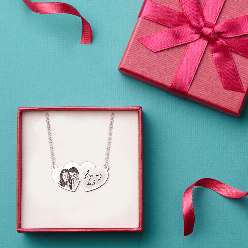 Silver double heart pendant with photo and own handwriting