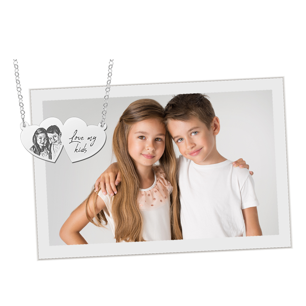 Silver double heart pendant with photo and own handwriting