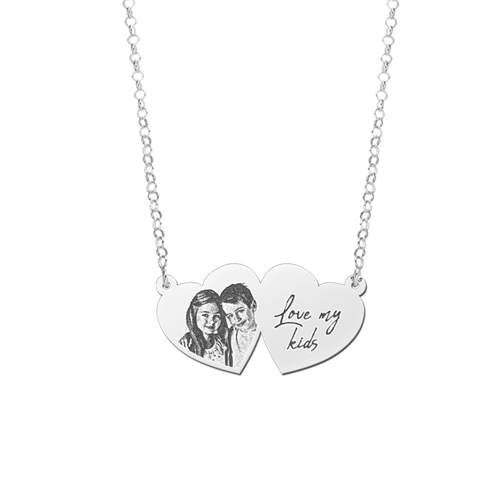 Silver double heart pendant with photo and own handwriting