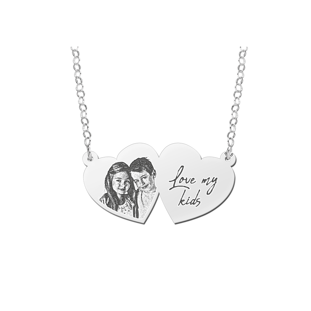 Silver double heart pendant with photo and own handwriting