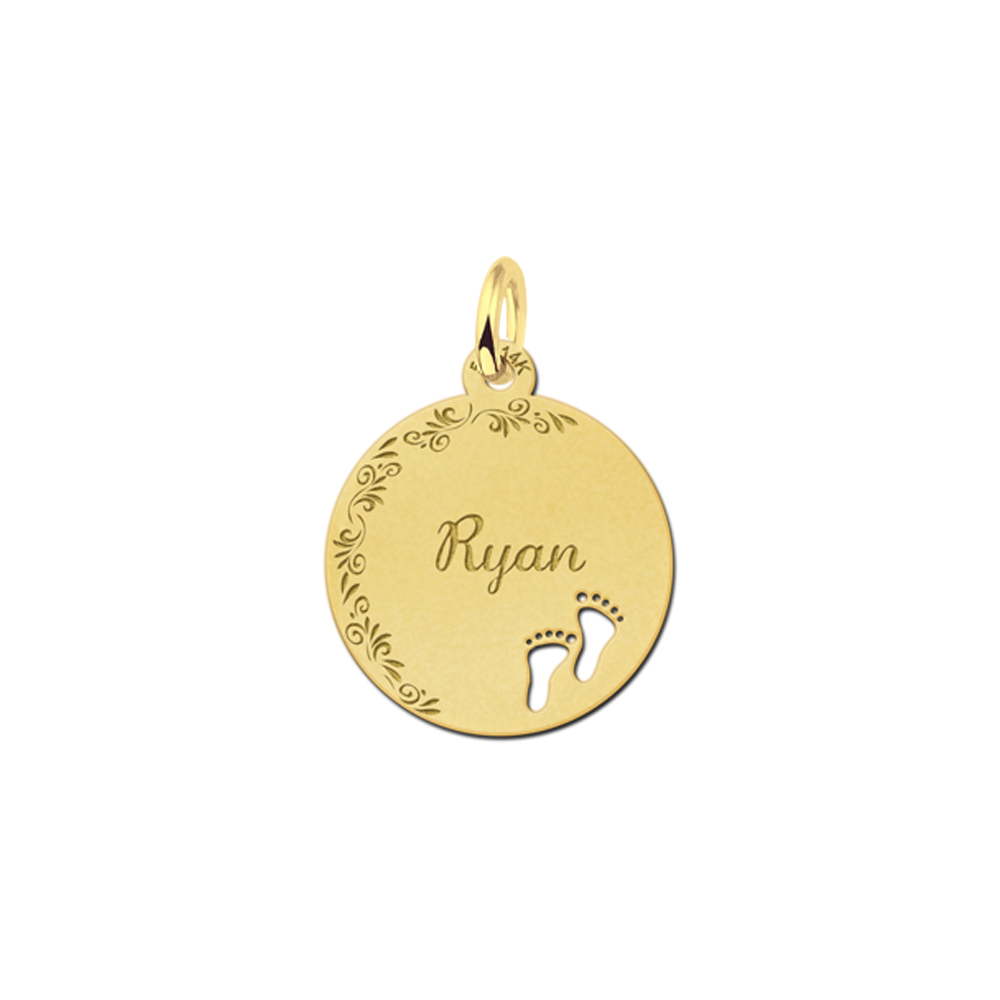 Gold Disc Necklace with Name, Flowers and Baby Feet