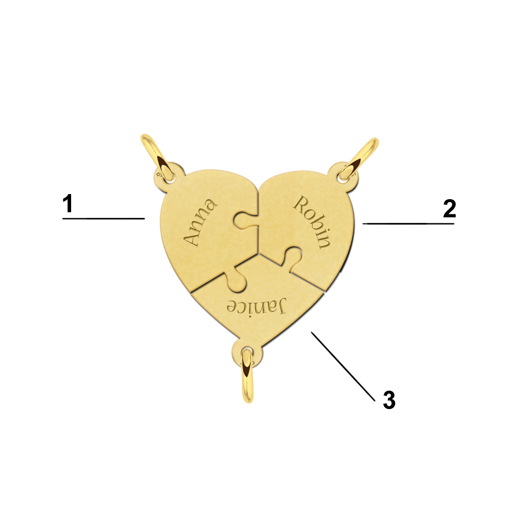 Gold plated 3-piece heart puzzle breakable pendant with names