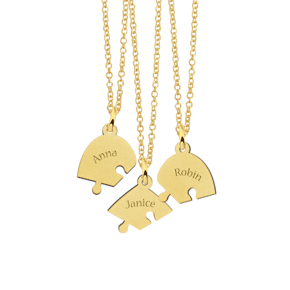 Gold plated 3-piece heart puzzle breakable pendant with names