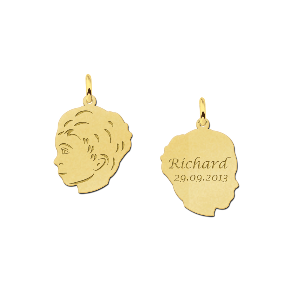 Gold boy child head pendant with back engraving