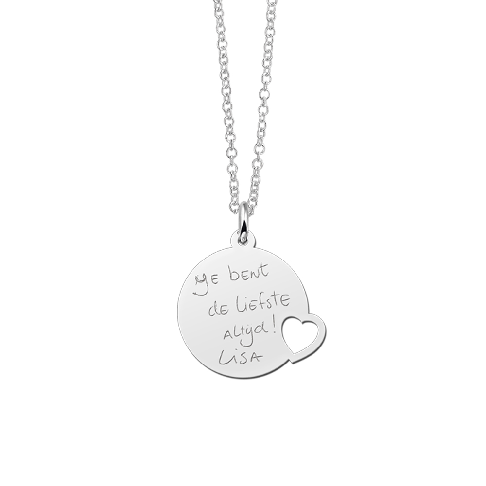 Silver Disc Pendant with Heart and Text Engraving