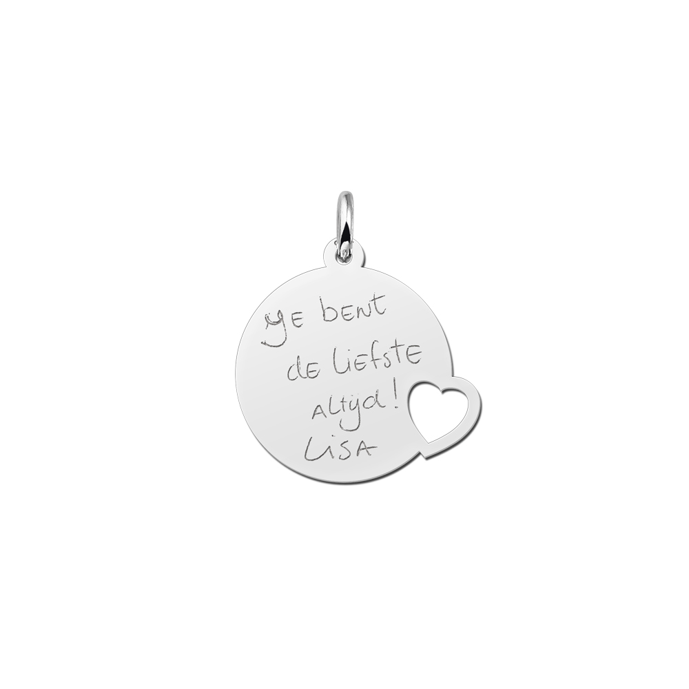 Silver Disc Pendant with Heart and Text Engraving