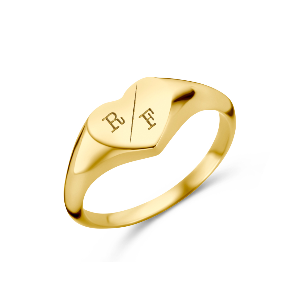 Heart-shaped gold signet ring with two initial