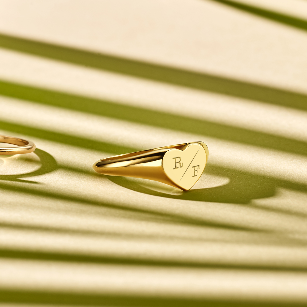 Heart-shaped gold signet ring with two initial