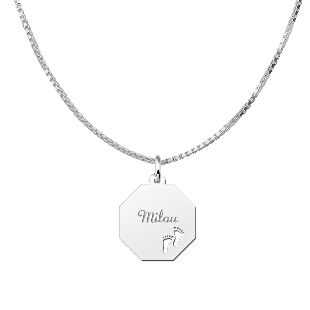 Silver Octagon Pendant with Name and Babyfeet