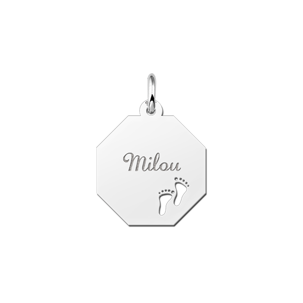 Silver octagonal pendant with baby feet