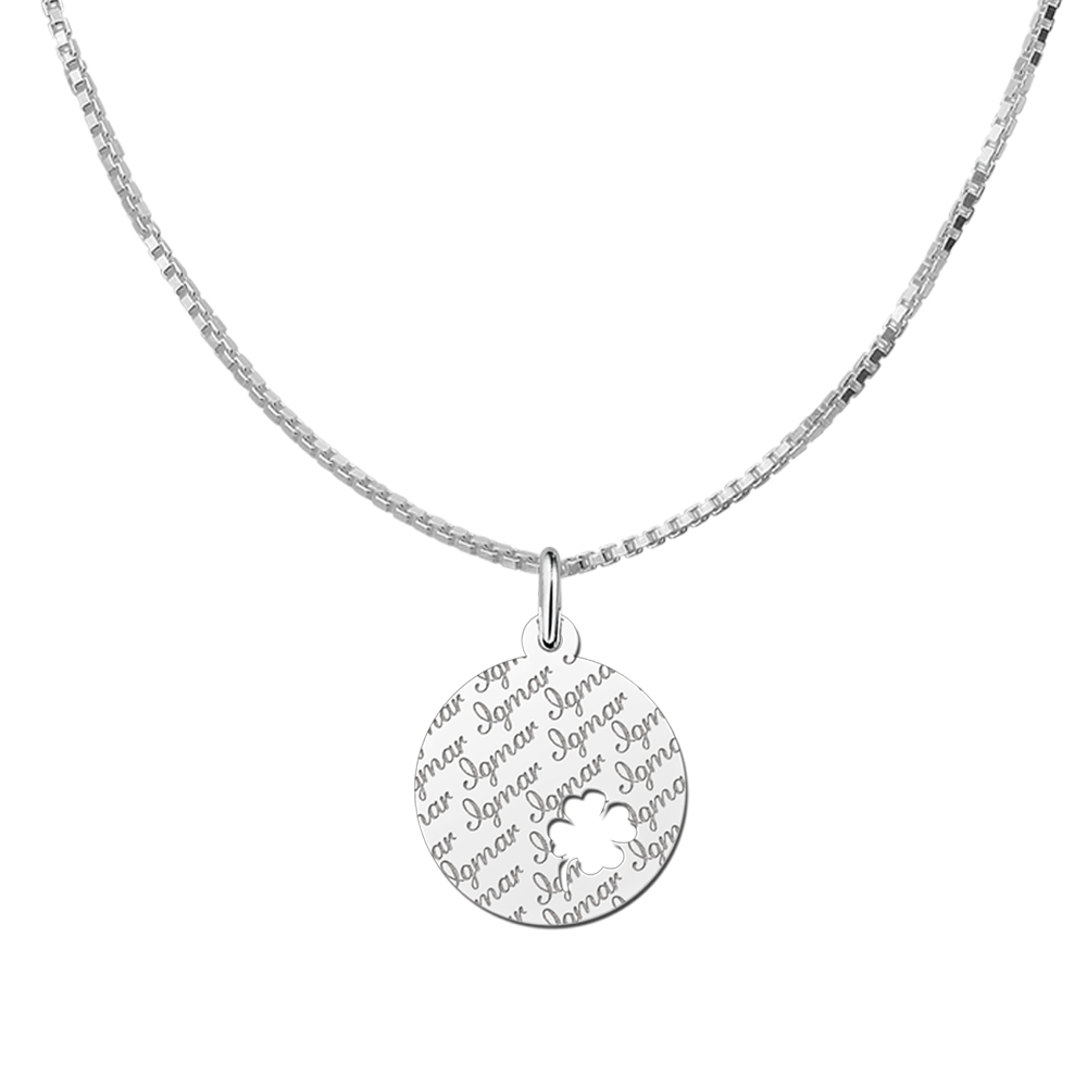 Repeatedly Engraved Silver Disc Necklace with Four Leaf Clover