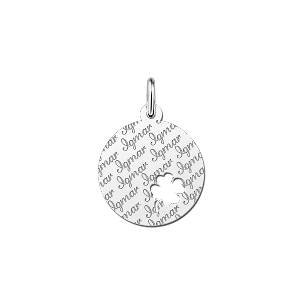Repeatedly Engraved Silver Disc Necklace with Four Leaf Clover