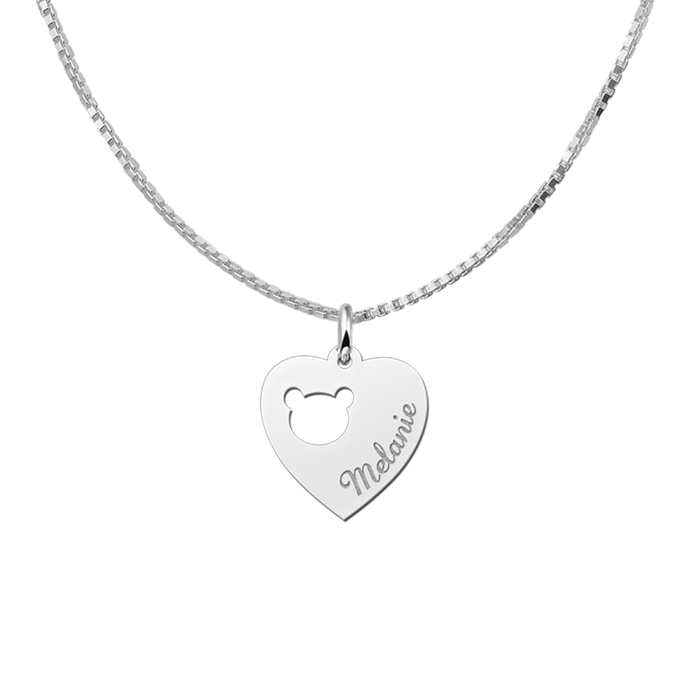 Engraved Silver Heart Necklace, Bear Head with Name