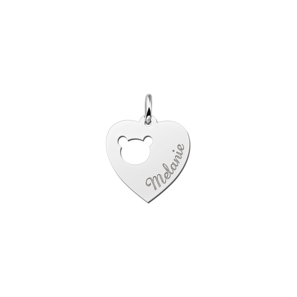 Engraved Silver Heart Necklace, Bear Head with Name