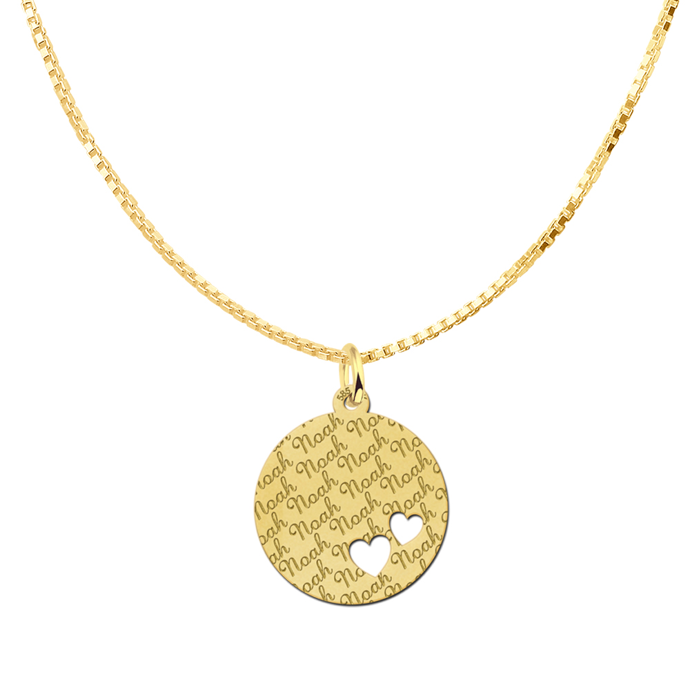 Golden Disc Necklace Repeatedly Engraved and Two Hearts