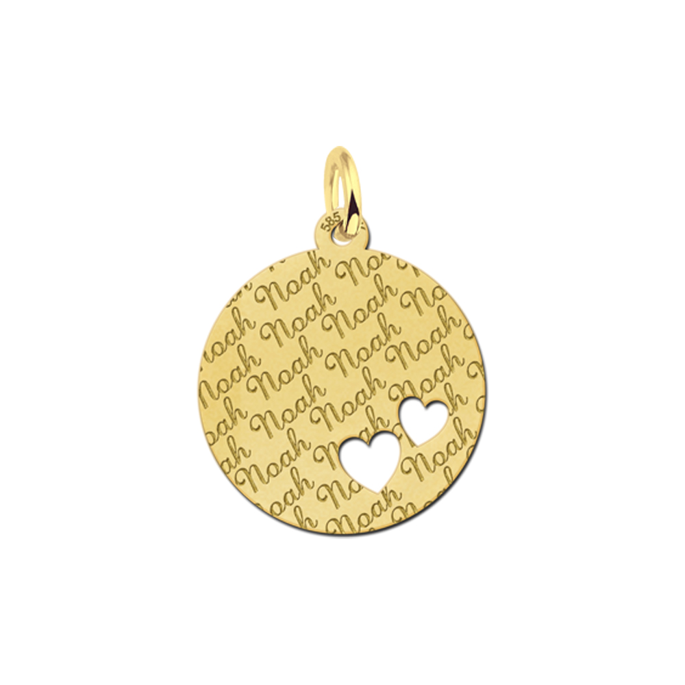 Golden Disc Necklace Repeatedly Engraved and Two Hearts