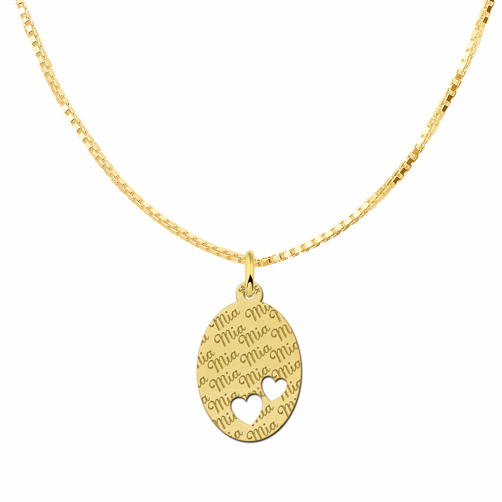 Fully Engraved 14ct Golden Oval Necklace with Two Hearts