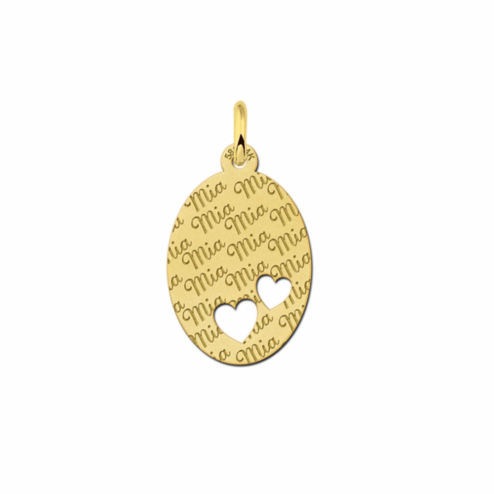 Fully Engraved 14ct Golden Oval Necklace with Two Hearts