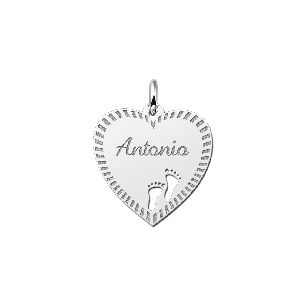 Silver engraved heart nametag design feet