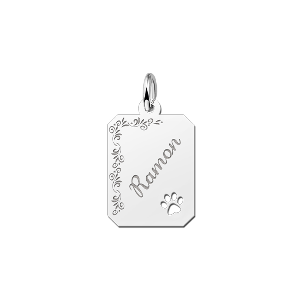 Silver Personalised Dog Tag with Name, Flowers and Dog Paw