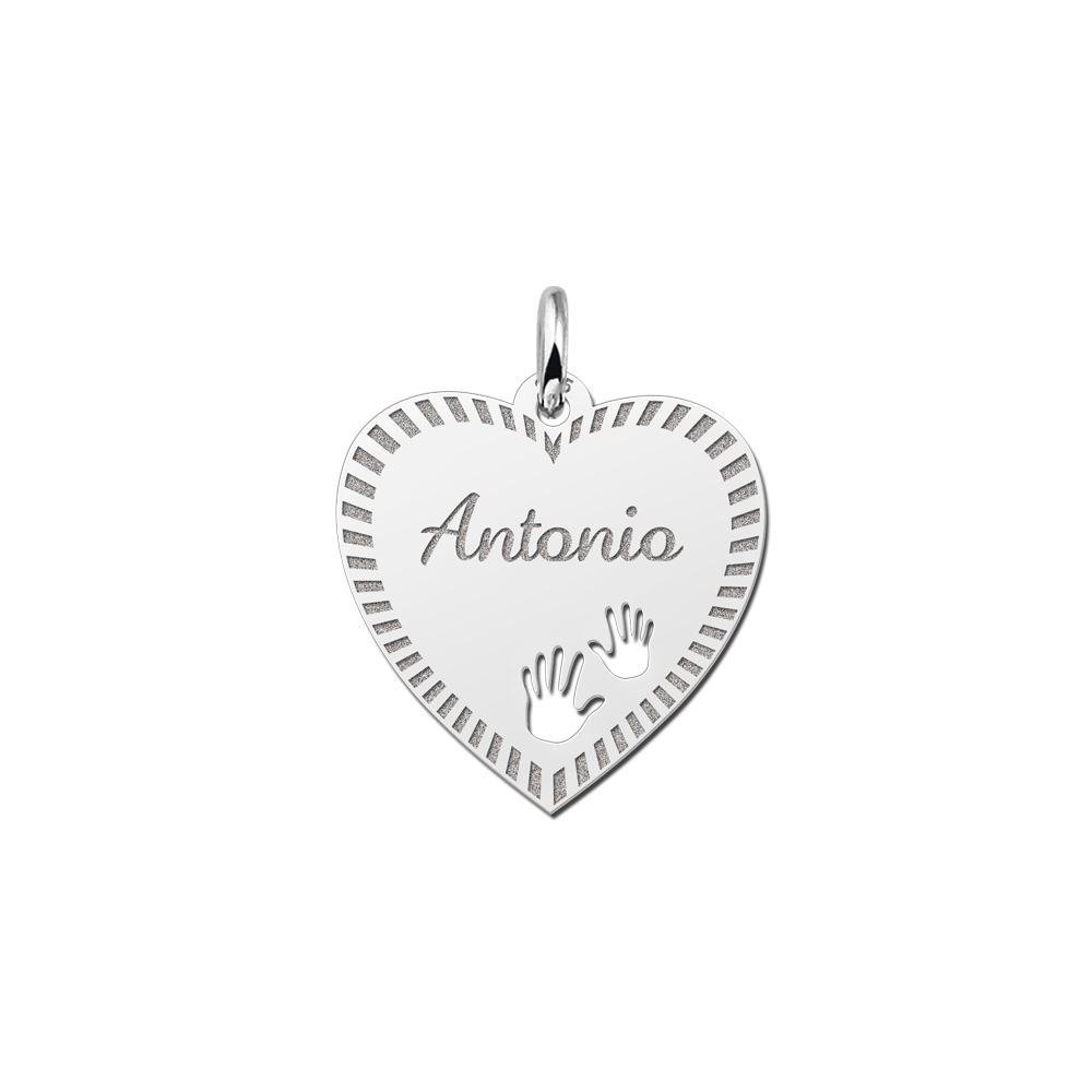 Silver engraved heart nametag design hands