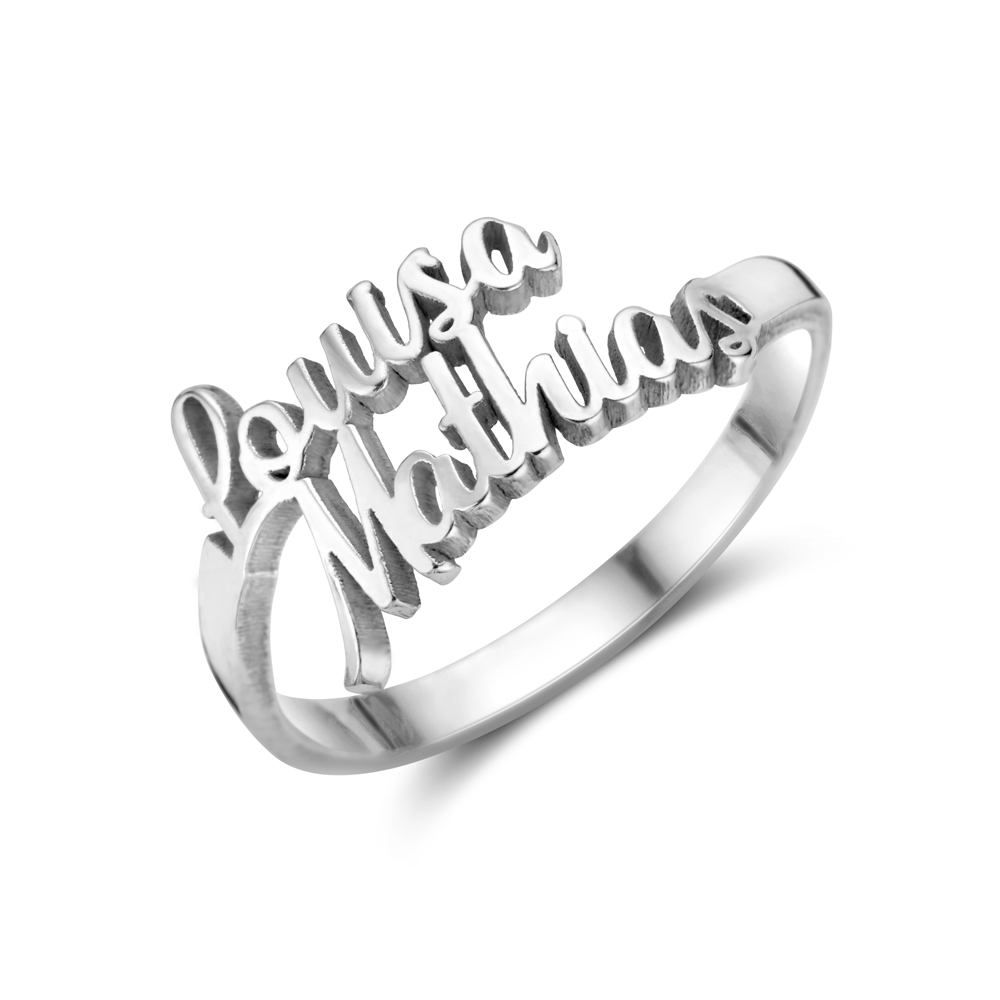 Silver personalized name ring with 2 names