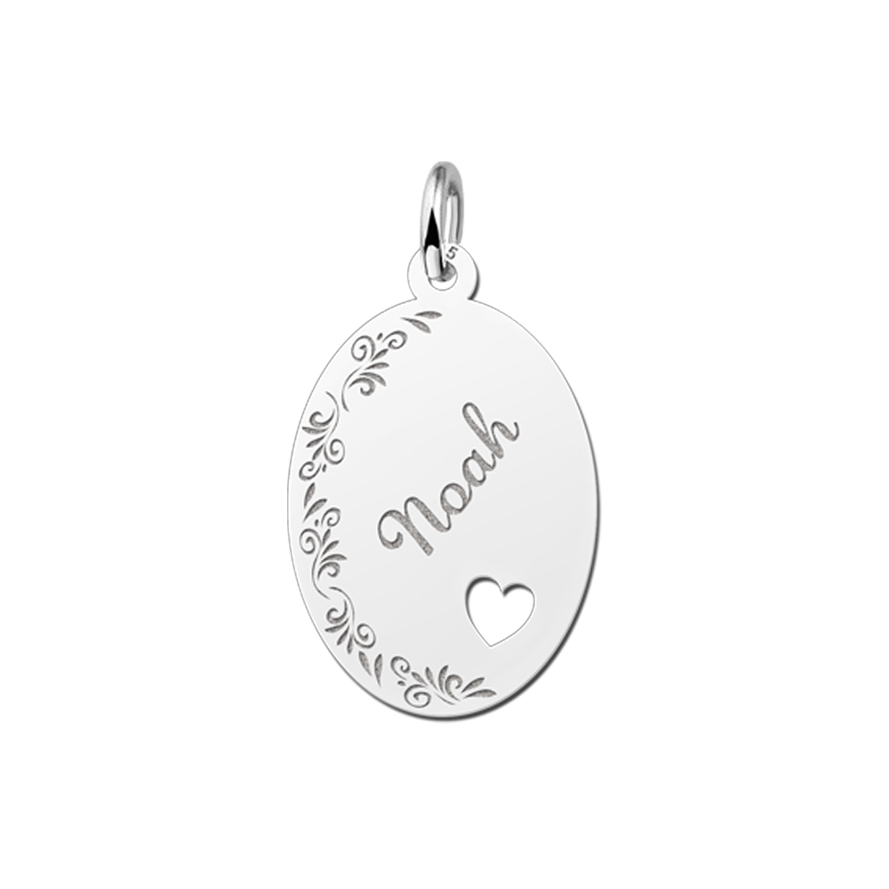 Silver oval pendant floral border & heart