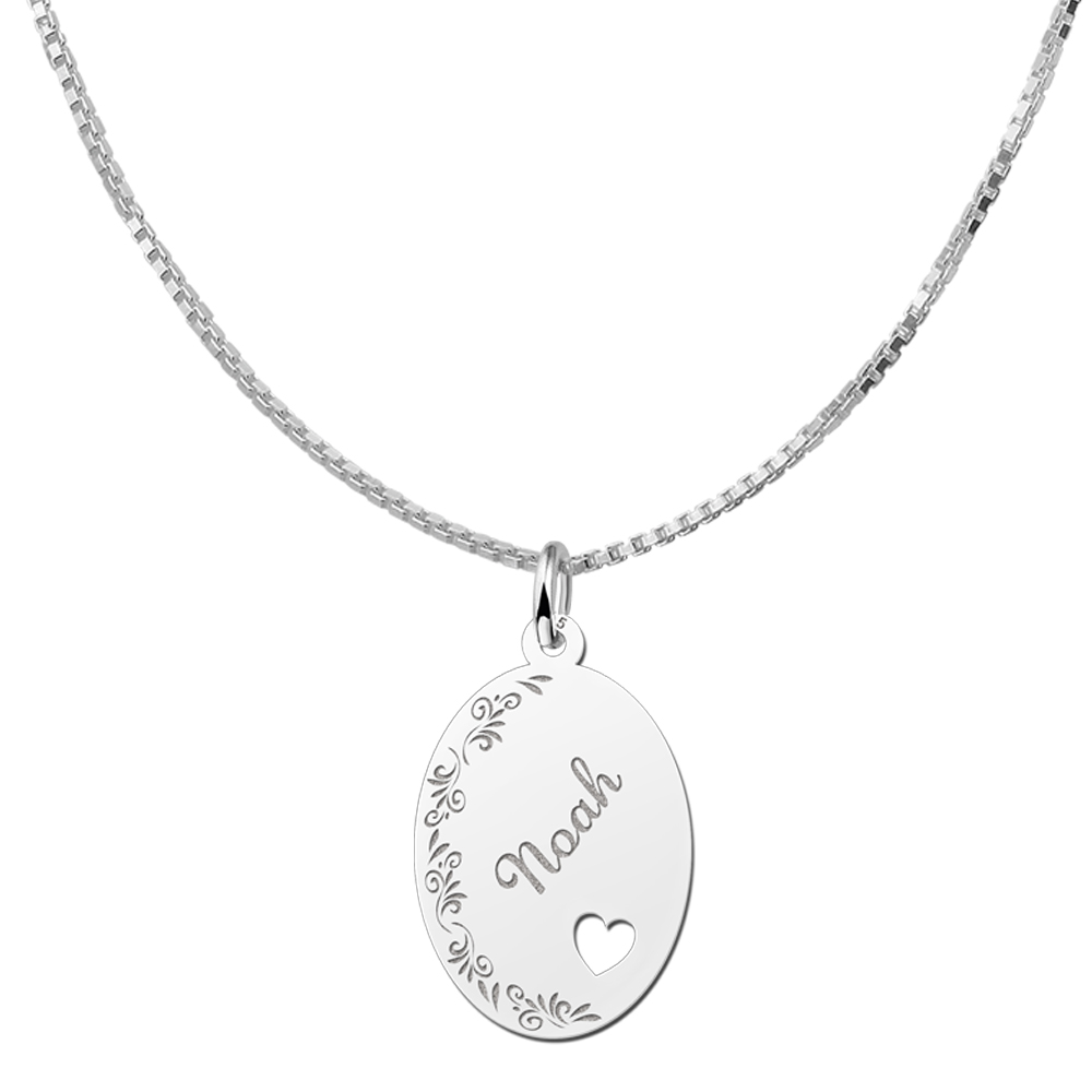 Silver oval pendant floral border & heart