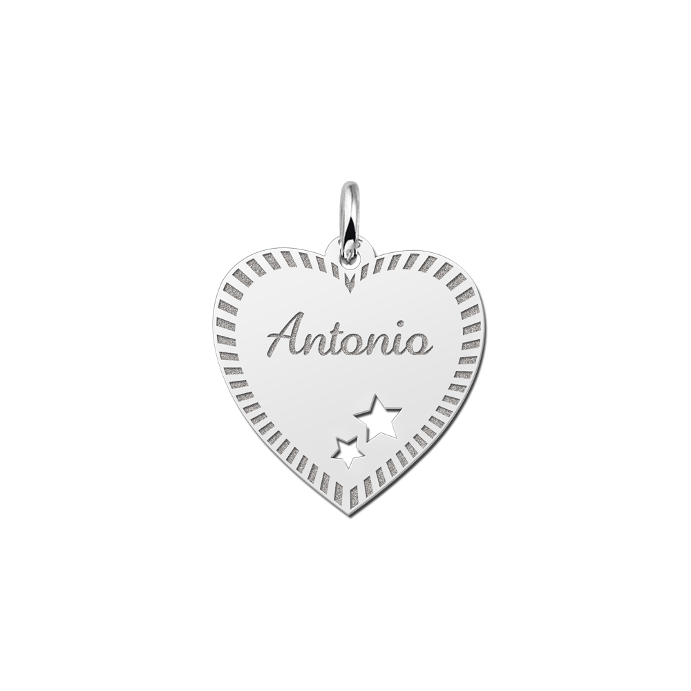 Silver engraved heart nametag  design stars