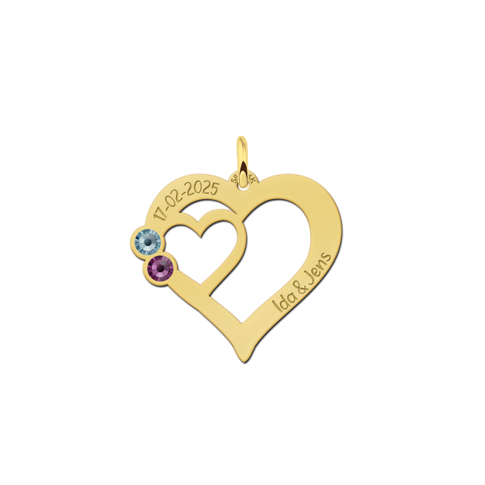 Gold heart pendant with two birthstones