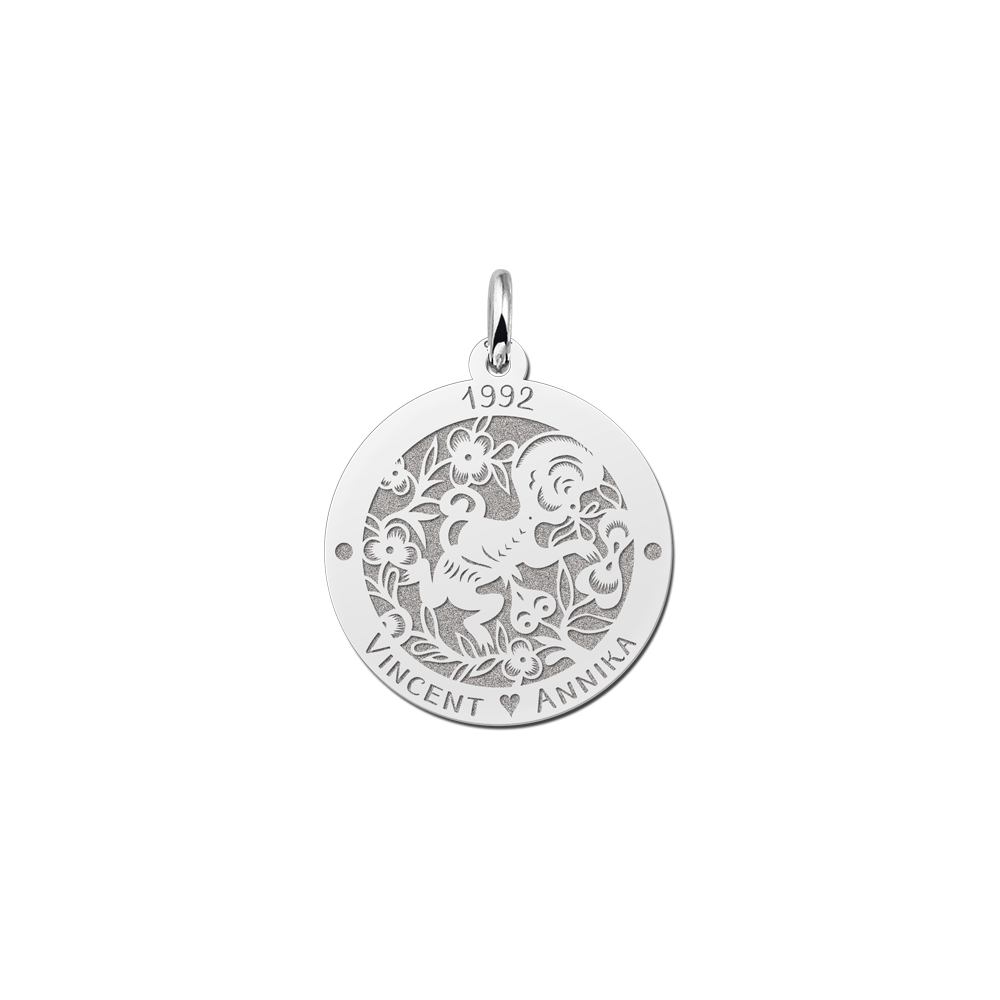 Silver round chinese zodiac pendant monkey