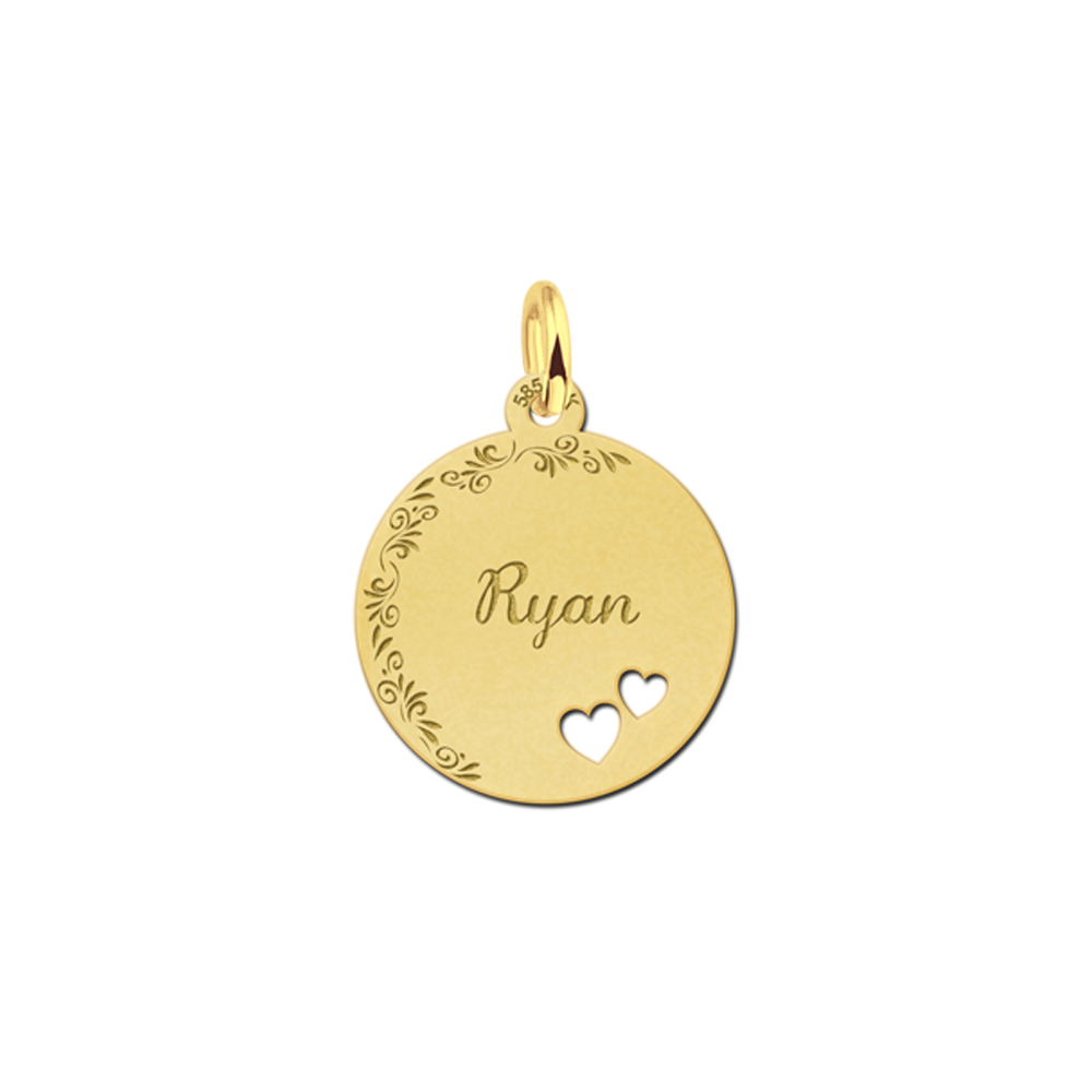 Golden Disc Necklace with Name, Flower Border and Two Hearts