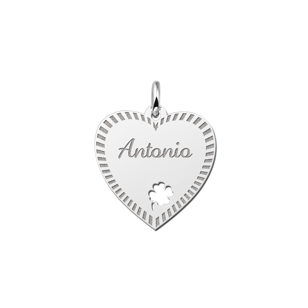 Silver engraved heart nametag design 4leafclover